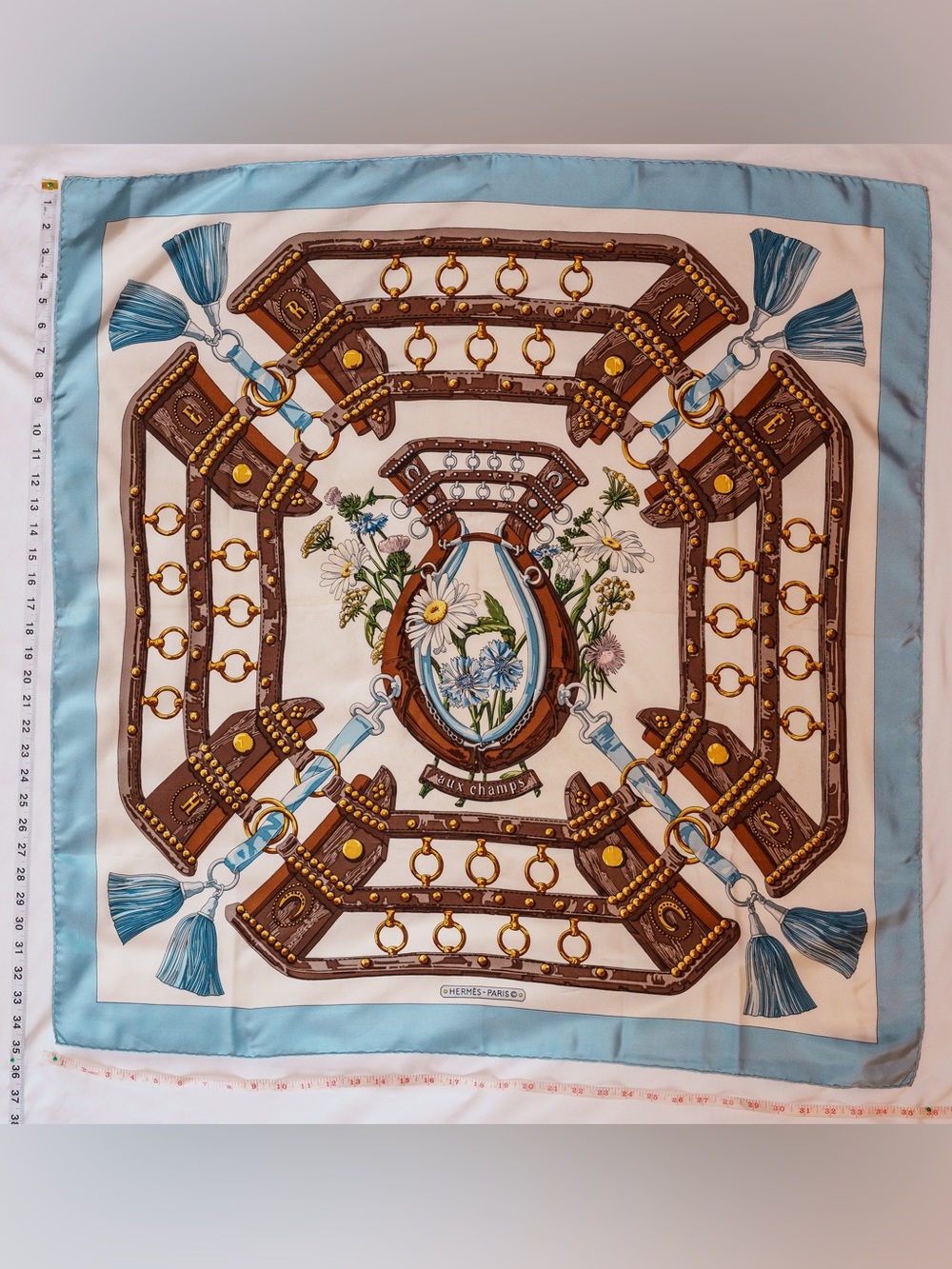 Hermès Aux Champs Silk Twill Scarf Carré 90 Pale Blue Floral Medallion Motif